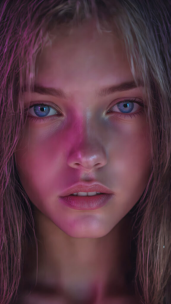 a full upper body photo from a gentle young girl with flawless skin, long soft hair falls over her upper body, shiny beautiful blue eyes, small nose, full plump lips, mouth slightly open with shining white teeth, round face, she looks seductively at the viewer, faint light falls on her face, perfect shadows, she has a perfectly shaped upper body