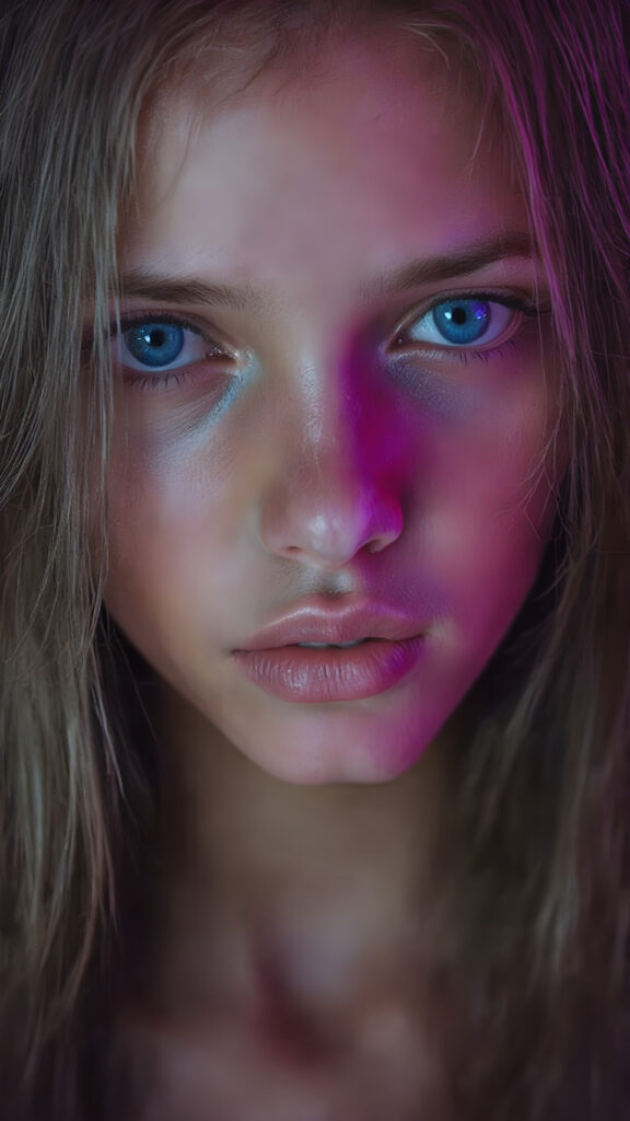 a full upper body photo from a gentle young girl with flawless skin, long soft hair falls over her upper body, shiny beautiful blue eyes, small nose, full plump lips, mouth slightly open with shining white teeth, round face, she looks seductively at the viewer, faint light falls on her face, perfect shadows, she has a perfectly shaped upper body