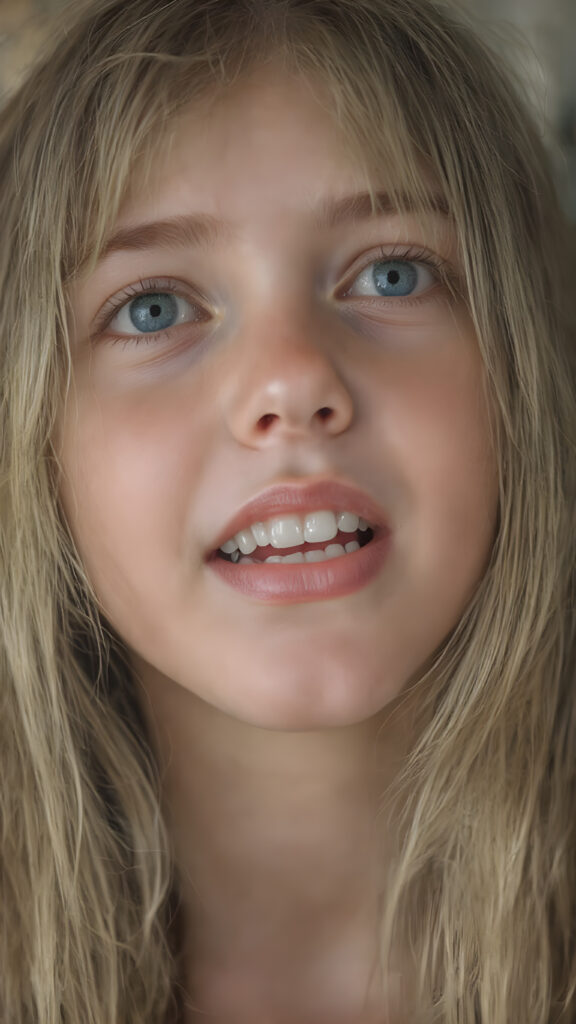a full upper body photo from a gentle young girl with flawless skin, long soft hair falls over her upper body, shiny beautiful blue eyes, small nose, full plump lips, mouth slightly open with shining white teeth, round face, she looks up, wide open mouth, white teeth