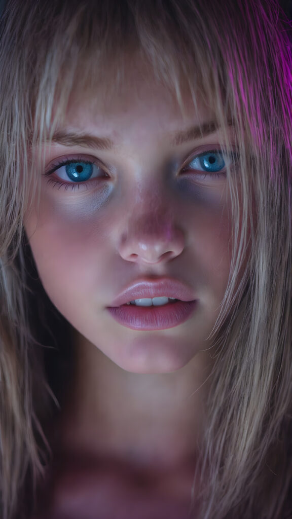 a full upper body photo from a gentle young girl with flawless skin, long soft hair falls over her upper body, shiny beautiful blue eyes, small nose, full plump lips, mouth slightly open with shining white teeth, round face, she looks seductively at the viewer