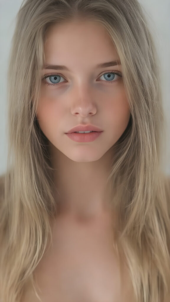 a full upper body photo from a gentle young girl with flawless skin, long soft hair falls over her upper body, shiny beautiful blue eyes, small nose, full plump lips, mouth slightly open with shining white teeth, round face, she looks seductively at the viewer, faint light falls on her face, perfect shadows, she has a perfectly shaped upper body