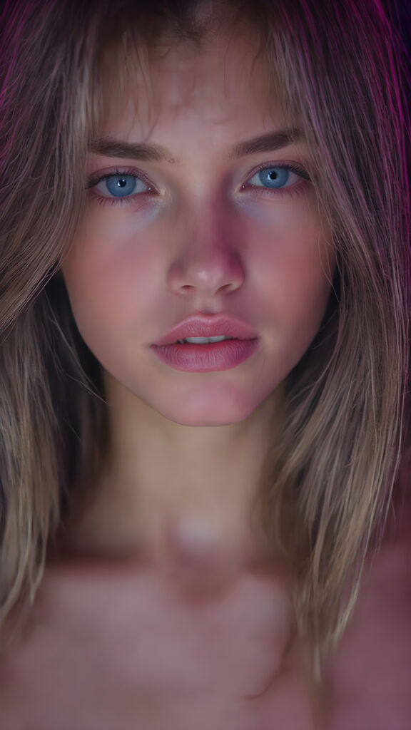 a full upper body photo from a gentle young girl with flawless skin, long soft hair falls over her upper body, shiny beautiful blue eyes, small nose, full plump lips, mouth slightly open with shining white teeth, round face, she looks seductively at the viewer, faint light falls on her face, perfect shadows, she has a perfectly shaped upper body