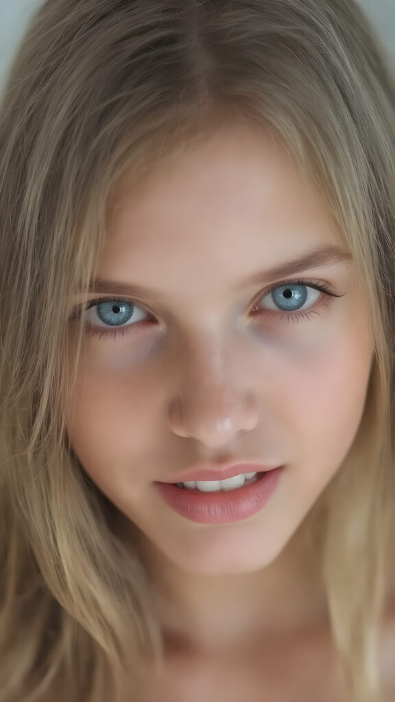 a full upper body photo from a gentle young girl with flawless skin, long soft hair falls over her upper body, shiny beautiful blue eyes, small nose, full plump lips, mouth slightly open with shining white teeth, round face, she looks seductively at the viewer, faint light falls on her face, perfect shadows, she has a perfectly shaped upper body