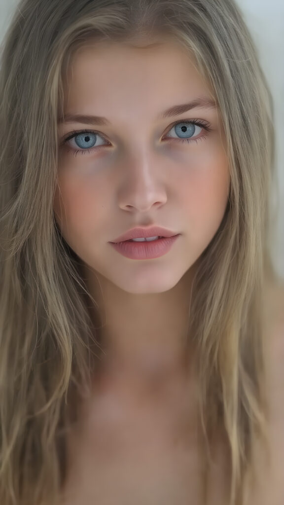 a full upper body photo from a gentle young girl with flawless skin, long soft hair falls over her upper body, shiny beautiful blue eyes, small nose, full plump lips, mouth slightly open with shining white teeth, round face, she looks seductively at the viewer, faint light falls on her face, perfect shadows, she has a perfectly shaped upper body