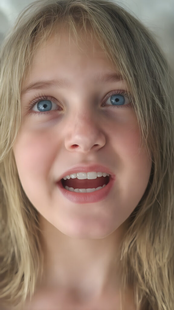 a full upper body photo from a gentle young girl with flawless skin, long soft hair falls over her upper body, shiny beautiful blue eyes, small nose, full plump lips, mouth slightly open with shining white teeth, round face, she looks up, wide open mouth, white teeth