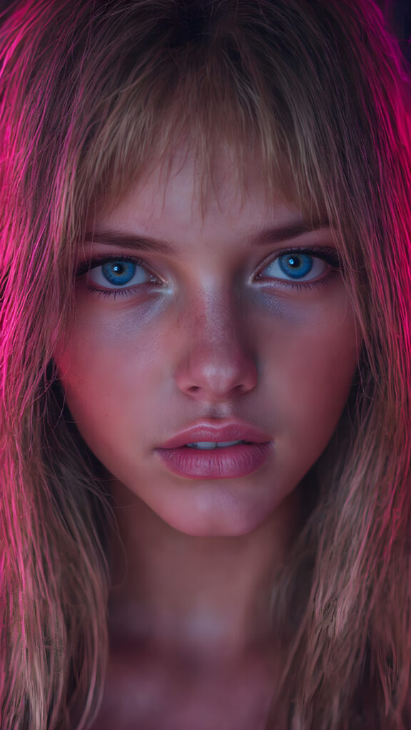 a full upper body photo from a gentle young girl with flawless skin, long soft hair falls over her upper body, shiny beautiful blue eyes, small nose, full plump lips, mouth slightly open with shining white teeth, round face, she looks seductively at the viewer