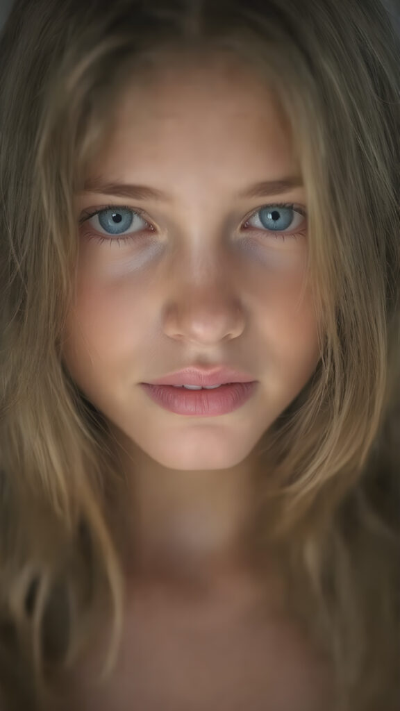 a full upper body photo from a gentle young girl with flawless skin, long soft hair falls over her upper body, shiny beautiful blue eyes, small nose, full plump lips, mouth slightly open with shining white teeth, round face, she looks seductively at the viewer, faint light falls on her face, perfect shadows, she has a perfectly shaped upper body