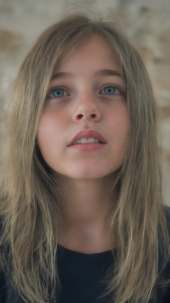 a full upper body photo from a gentle young girl with flawless skin, long soft hair falls over her upper body, shiny beautiful blue eyes, small nose, full plump lips, mouth slightly open with shining white teeth, round face, she looks up, wide open mouth, white teeth