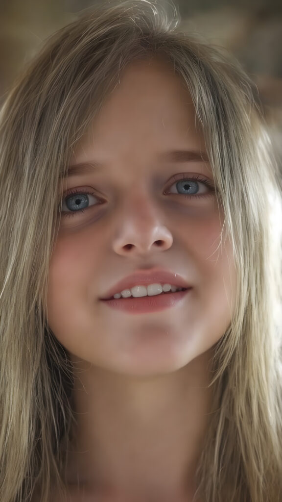 a full upper body photo from a gentle young girl with flawless skin, long soft hair falls over her upper body, shiny beautiful blue eyes, small nose, full plump lips, mouth slightly open with shining white teeth, round face, she looks up, wide open mouth, white teeth