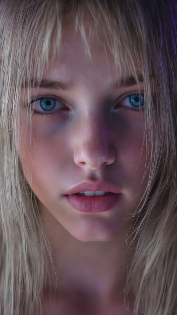 a full upper body photo from a gentle young girl with flawless skin, long soft hair falls over her upper body, shiny beautiful blue eyes, small nose, full plump lips, mouth slightly open with shining white teeth, round face, she looks seductively at the viewer