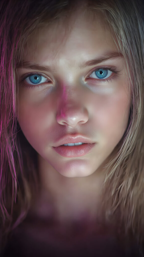 a full upper body photo from a gentle young girl with flawless skin, long soft hair falls over her upper body, shiny beautiful blue eyes, small nose, full plump lips, mouth slightly open with shining white teeth, round face, she looks seductively at the viewer, faint light falls on her face, perfect shadows, she has a perfectly shaped upper body