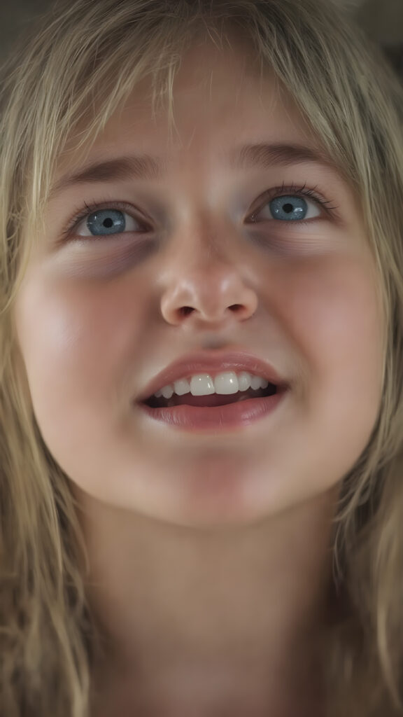 a full upper body photo from a gentle young girl with flawless skin, long soft hair falls over her upper body, shiny beautiful blue eyes, small nose, full plump lips, mouth slightly open with shining white teeth, round face, she looks up, wide open mouth, white teeth
