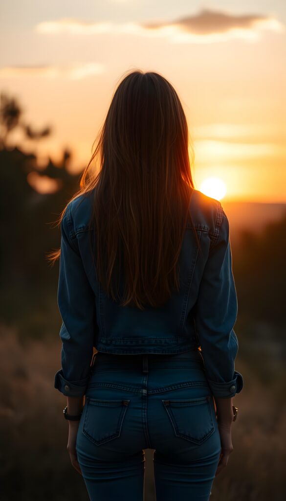 a girl in jeans pants, short cropped jeans jacket, she stands in the front of the view, red amber long straight soft hair falls down, a beautiful sunset, golden, orange, perfect female curved body and butt, view from the back.