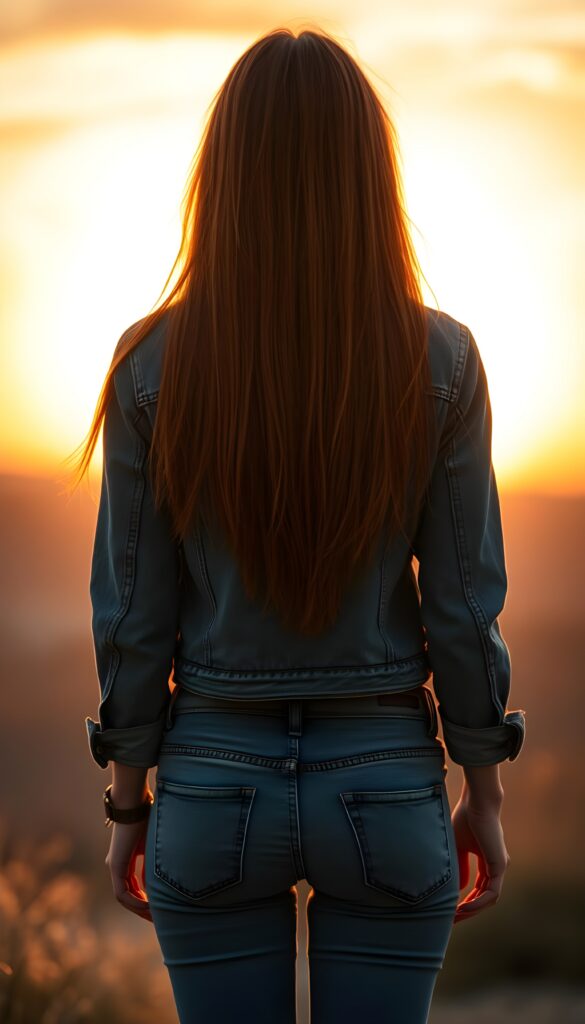 a girl in jeans pants, short cropped jeans jacket, she stands in the front of the view, red amber long straight soft hair falls down, a beautiful sunset, golden, orange, perfect female curved body and butt, view from the back.