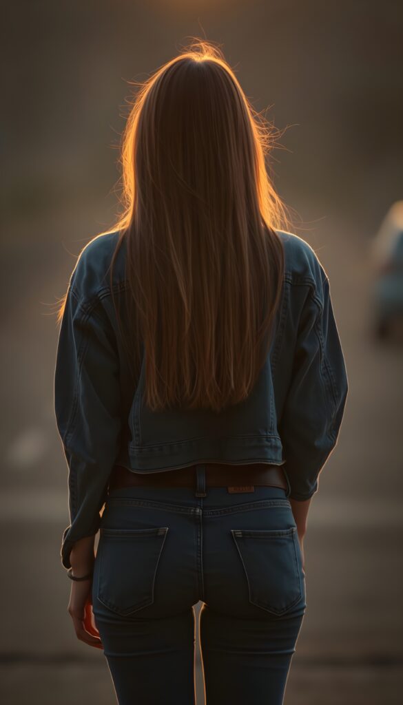a girl in jeans pants, short cropped jeans jacket, she stands in the front of the view, red amber long straight soft hair falls down, a beautiful sunset, golden, orange, perfect female curved body and butt, view from the back.