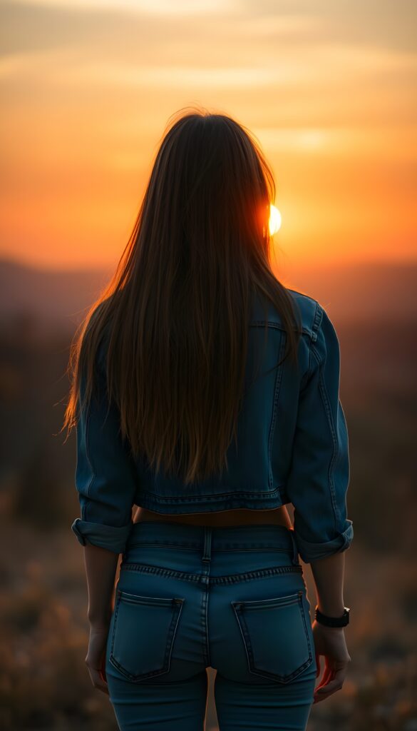 a girl in jeans pants, short cropped jeans jacket, she stands in the front of the view, red amber long straight soft hair falls down, a beautiful sunset, golden, orange, perfect female curved body and butt, view from the back.