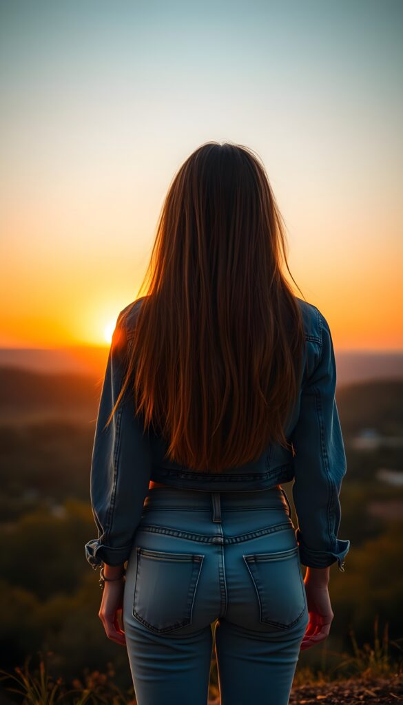 a girl in jeans pants, short cropped jeans jacket, she stands in the front of the view, red amber long straight soft hair falls down, a beautiful sunset, golden, orange, perfect female curved body and butt, view from the back.