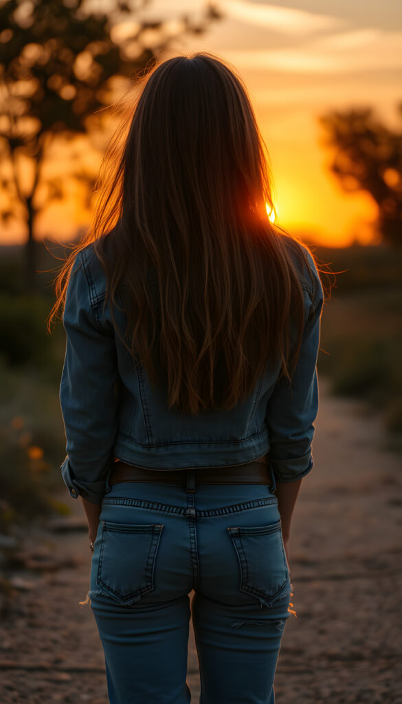 a girl in tattered jeans pants, short cropped jeans jacket, view from back, red amber long straight soft hair falls down to her back, a beautiful sunset, golden, orange, perfect female curved body