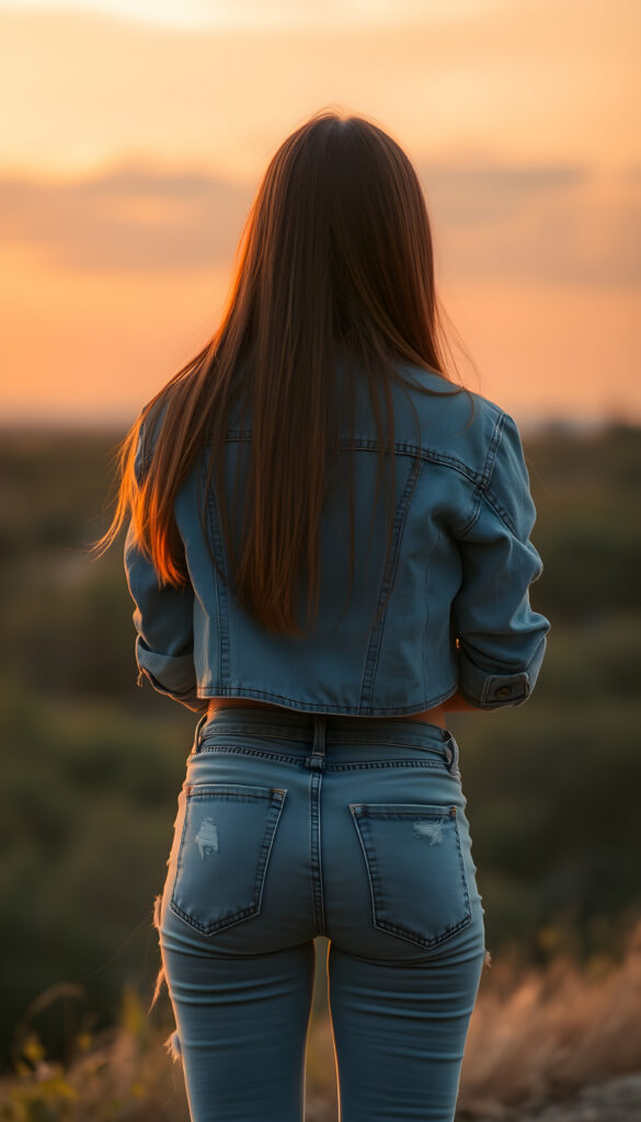 a girl in tattered jeans pants, short cropped jeans jacket, view from back, red amber long straight soft hair falls down to her back, a beautiful sunset, golden, orange, perfect female curved body