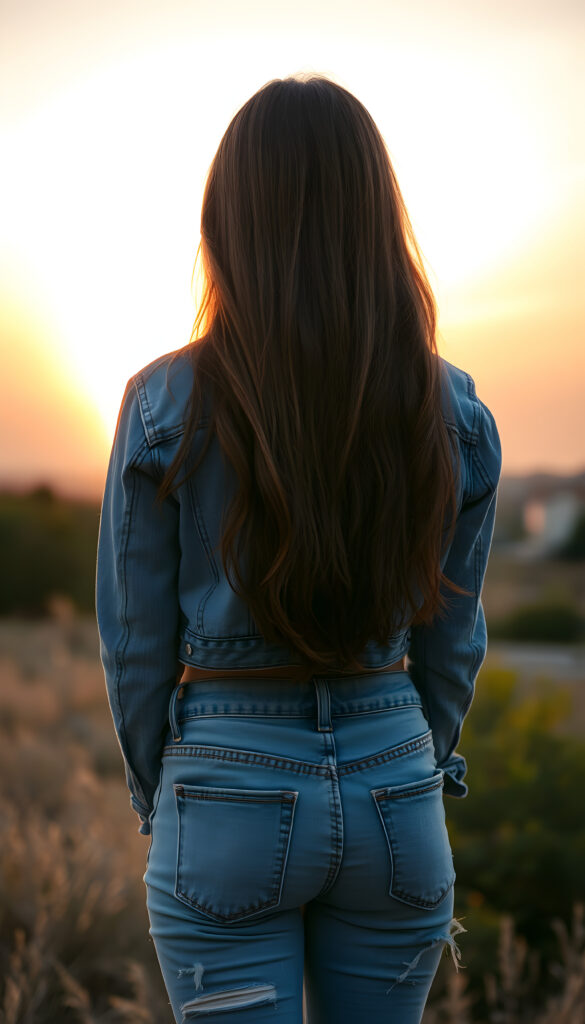 a girl in tattered jeans pants, short cropped jeans jacket, view from back, red amber long straight soft hair falls down to her back, a beautiful sunset, golden, orange, perfect female curved body