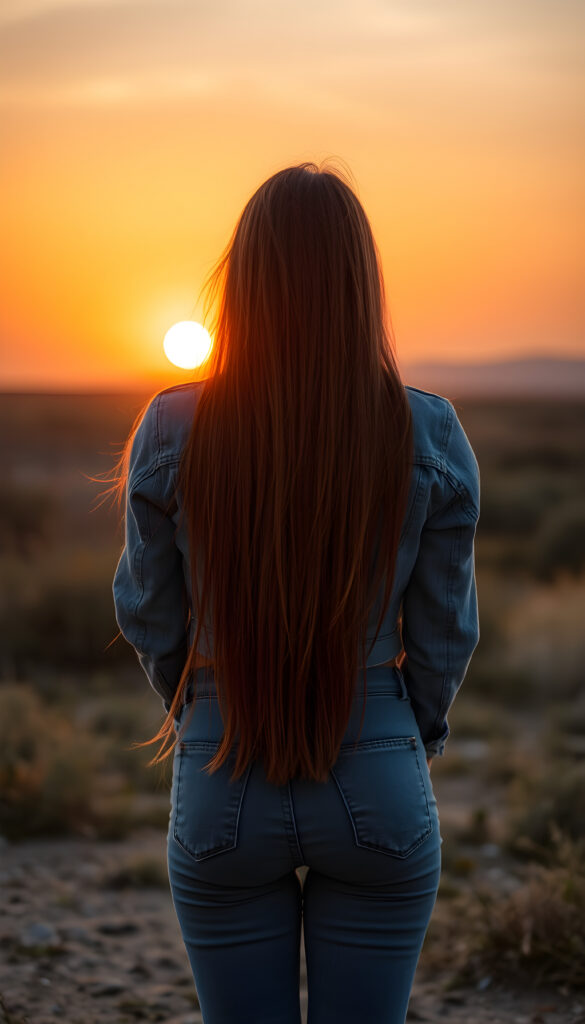 a girl in tattered jeans pants, short cropped jeans jacket, view from back, red amber long straight soft hair falls down to her back, a beautiful sunset, golden, orange, perfect female curved body