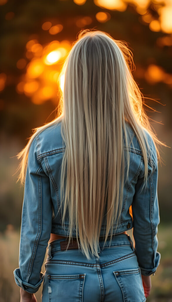 a girl in tattered jeans pants, short cropped jeans jacket, view from back, red amber long straight soft hair falls down to her back, a beautiful sunset, golden, orange, perfect female curved body