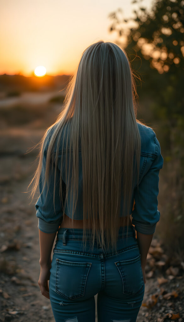 a girl in tattered jeans pants, short cropped jeans jacket, view from back, red amber long straight soft hair falls down to her back, a beautiful sunset, golden, orange, perfect female curved body