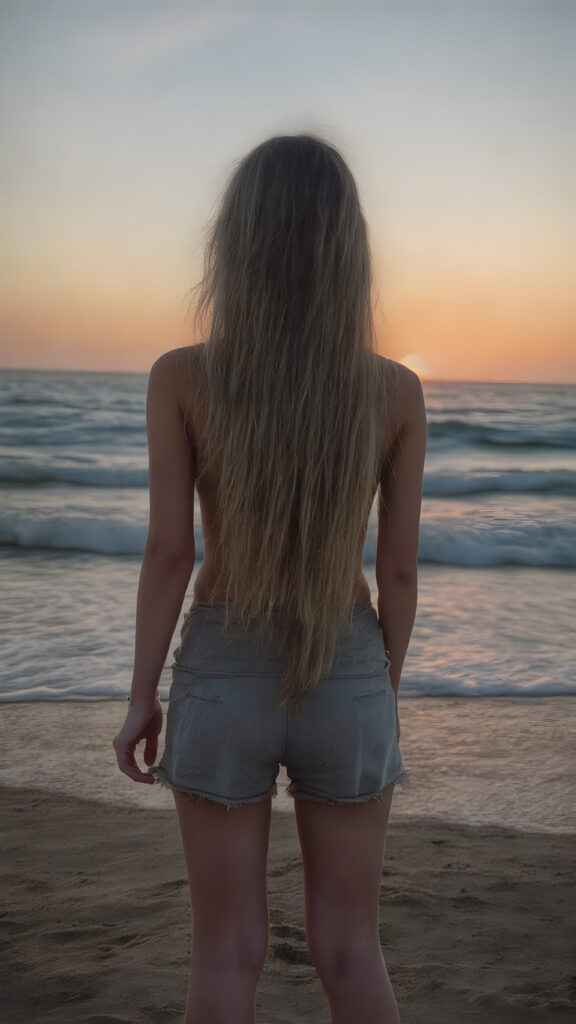 a girl stands on a lonely beach, a beautiful sunset and breaking waves in the background. She has very long hair, which falls over her upper body, view from the back, she wears short pants