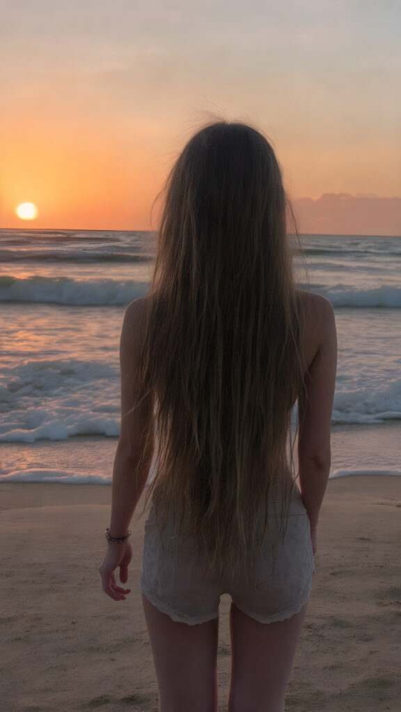 a girl stands on a lonely beach, a beautiful sunset and breaking waves in the background. She has very long hair, which falls over her upper body, view from the back, she wears short pants