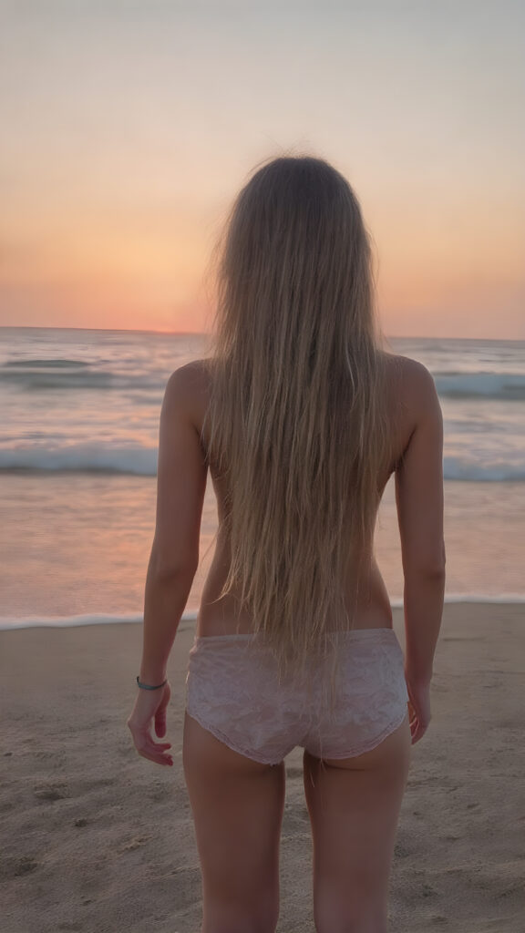 a girl stands on a lonely beach, a beautiful sunset and breaking waves in the background. She has very long hair, which falls over her upper body, view from the back, she wears short pants