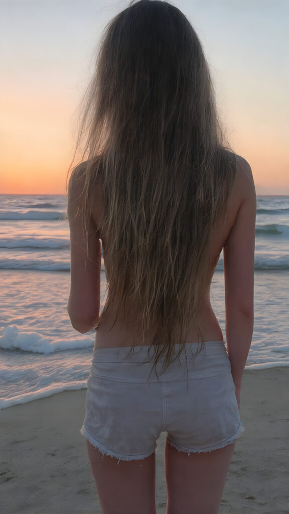 a girl stands on a lonely beach, a beautiful sunset and breaking waves in the background. She has very long hair, which falls over her upper body, view from the back, she wears short pants
