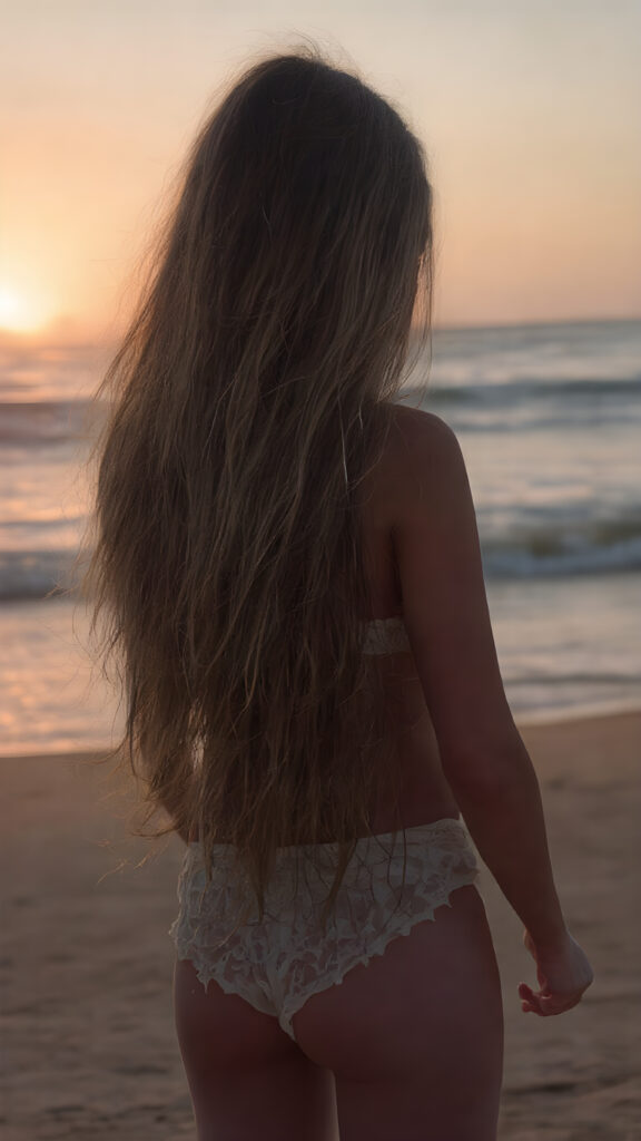 a girl stands on a lonely beach, a beautiful sunset and breaking waves in the background. She has very long hair, which falls over her upper body, view from the back, she wears short pants