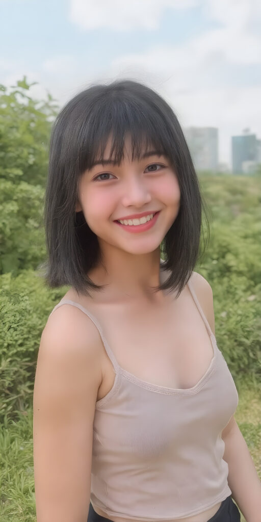 a girl, straight black hair bob cut, short tank top deep neck, short black skirt, smile very happy, white teeth, she is in a sunny green park, skyline in backdrop, detailed belly button