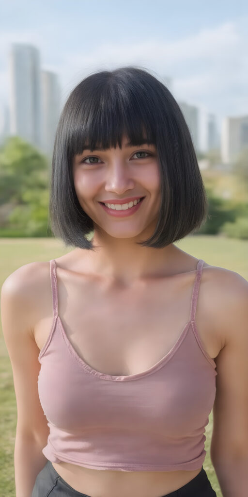 a girl, straight black hair bob cut, short tank top deep neck, short black skirt, smile very happy, white teeth, she is in a sunny green park, skyline in backdrop, detailed belly button