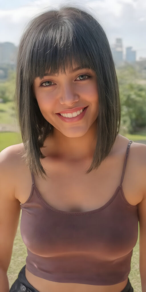 a girl, straight black hair bob cut, short tank top deep neck, short black skirt, smile very happy, white teeth, she is in a sunny green park, skyline in backdrop, detailed belly button