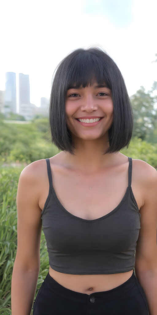 a girl, straight black hair bob cut, short tank top deep neck, short black skirt, smile very happy, white teeth, she is in a sunny green park, skyline in backdrop, detailed belly button