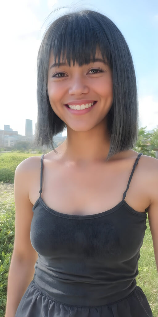 a girl, straight black hair bob cut, short tank top deep neck, short black skirt, smile very happy, white teeth, she is in a sunny green park, skyline in backdrop, detailed belly button