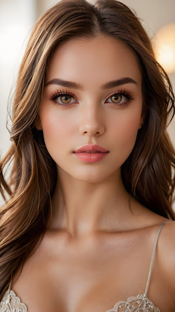 A (((girl))) with a (((perfectly curved body))), exuding ((ultra realistic)) beauty, framed by a (((sharp focus on her face))), with (straight, long, brown hair) that draws attention to her (perfectly proportioned, symmetrical features), including (natural, pink lips and (amber eyes). She's captured in a (full-body shot), from a (side angle) that emphasizes her (perfectly proportioned, symmetrical body), with (warm light) coloring and (sharp focus) on her face, and a (softly diffused, warm light) backdrop. (((Look into the camera)))