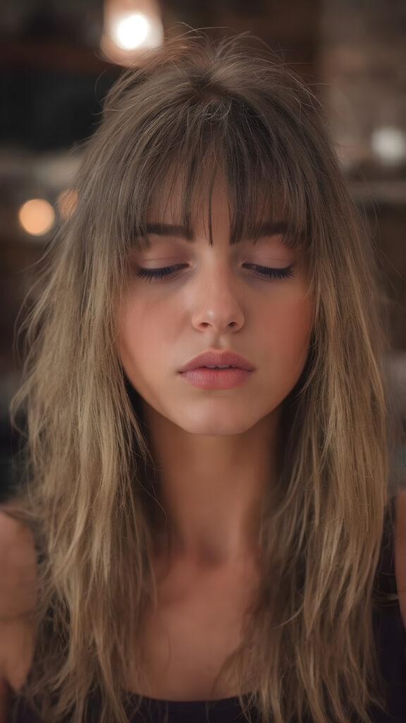 a girl with a beautiful pout, plump lips, long soft brown and blond hair in perfect bangs cut frame her round face, realistic and detailed, she wears a lifted cropped tank top, stunning female body, she waits seductively for a kiss with closed eyes and half open mouth
