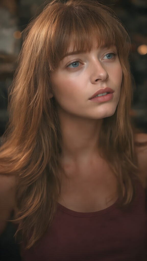 a girl with a beautiful pout, long soft hair in perfect bangs cut frame her round face, realistic and detailed, she wears a lifted cropped tank top, stunning female body, she waits seductively for a kiss