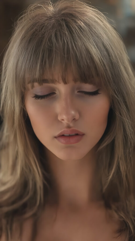 a girl with a beautiful pout, plump lips, long soft brown and blond hair in perfect bangs cut frame her round face, realistic and detailed, she wears a lifted cropped tank top, stunning female body, she waits seductively for a kiss with closed eyes and half open mouth