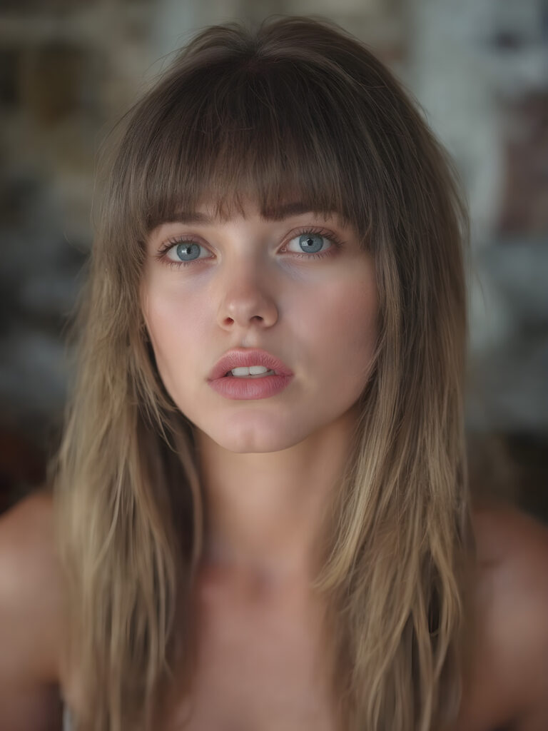 a girl with a beautiful pout, plump lips, long soft brown and blond hair in perfect bangs cut frame her round face, realistic and detailed, she wears a lifted cropped tank top, stunning female body, she waits seductively for a kiss, looks up and she says: kiss me