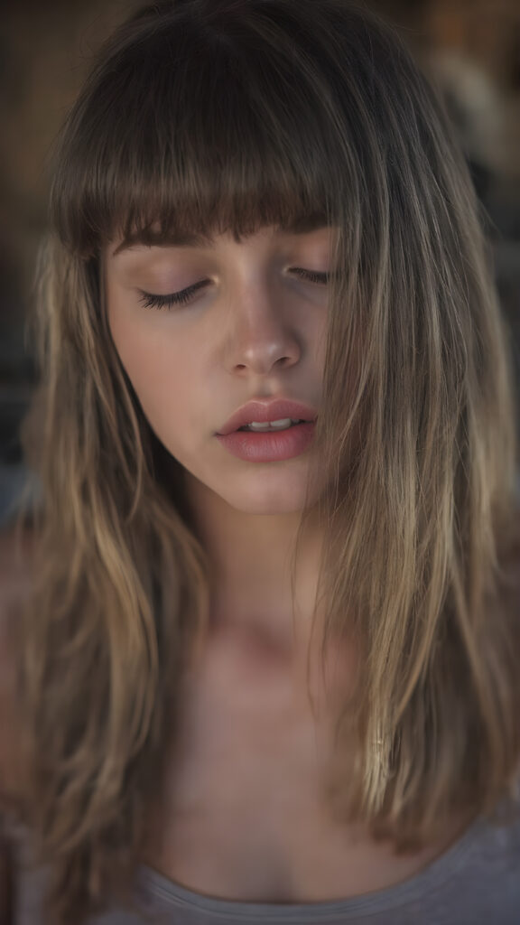 a girl with a beautiful pout, plump lips, long soft brown and blond hair in perfect bangs cut frame her round face, realistic and detailed, she wears a lifted cropped tank top, stunning female body, she waits seductively for a kiss with closed eyes and half open mouth