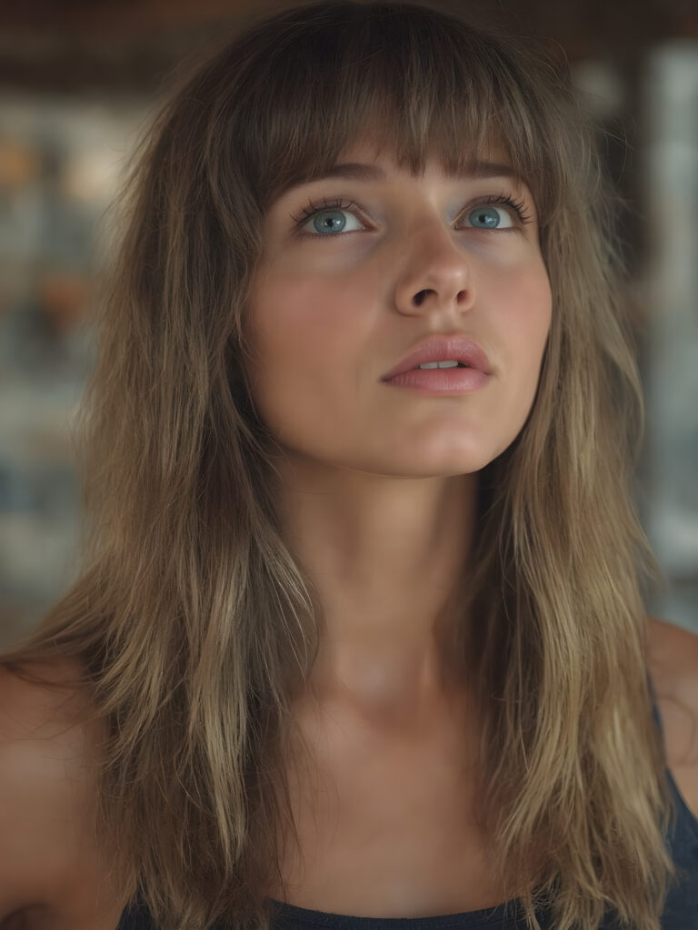 a girl with a beautiful pout, plump lips, long soft brown and blond hair in perfect bangs cut frame her round face, realistic and detailed, she wears a lifted cropped tank top, stunning female body, she waits seductively for a kiss, looks up and she says: kiss me