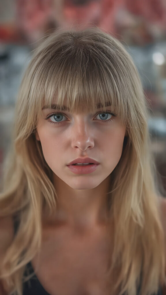 a girl with a beautiful pout, long soft hair in perfect bangs cut frame her round face, realistic and detailed, she wears a lifted cropped tank top, stunning female body, she waits seductively for a kiss