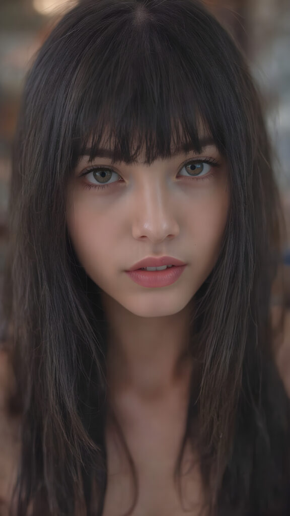 a girl with a beautiful pout, long soft hair in perfect bangs cut frame her round face, realistic and detailed, she wears a lifted cropped tank top, stunning female body, she waits seductively for a kiss
