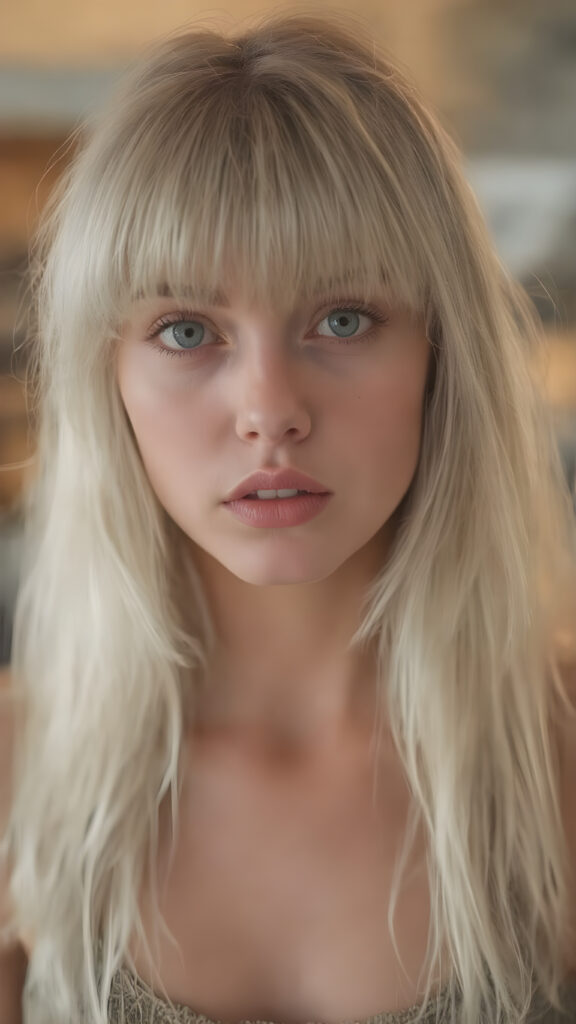 a girl with a beautiful pout, long soft hair in perfect bangs cut frame her round face, realistic and detailed, she wears a lifted cropped tank top, stunning female body, she waits seductively for a kiss