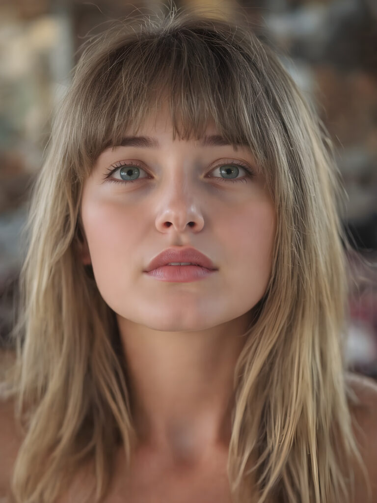 a girl with a beautiful pout, plump lips, long soft brown and blond hair in perfect bangs cut frame her round face, realistic and detailed, she wears a lifted cropped tank top, stunning female body, she waits seductively for a kiss, looks up and she says: kiss me