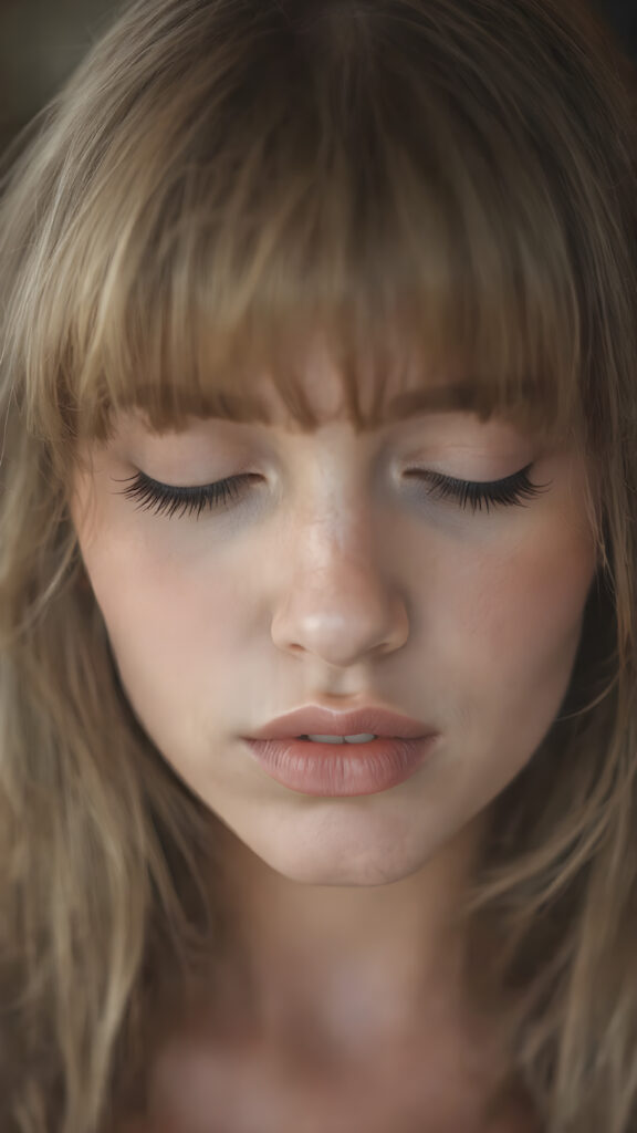 a girl with a beautiful pout, plump lips, long soft brown and blond hair in perfect bangs cut frame her round face, realistic and detailed, she wears a lifted cropped tank top, stunning female body, she waits seductively for a kiss with closed eyes and half open mouth