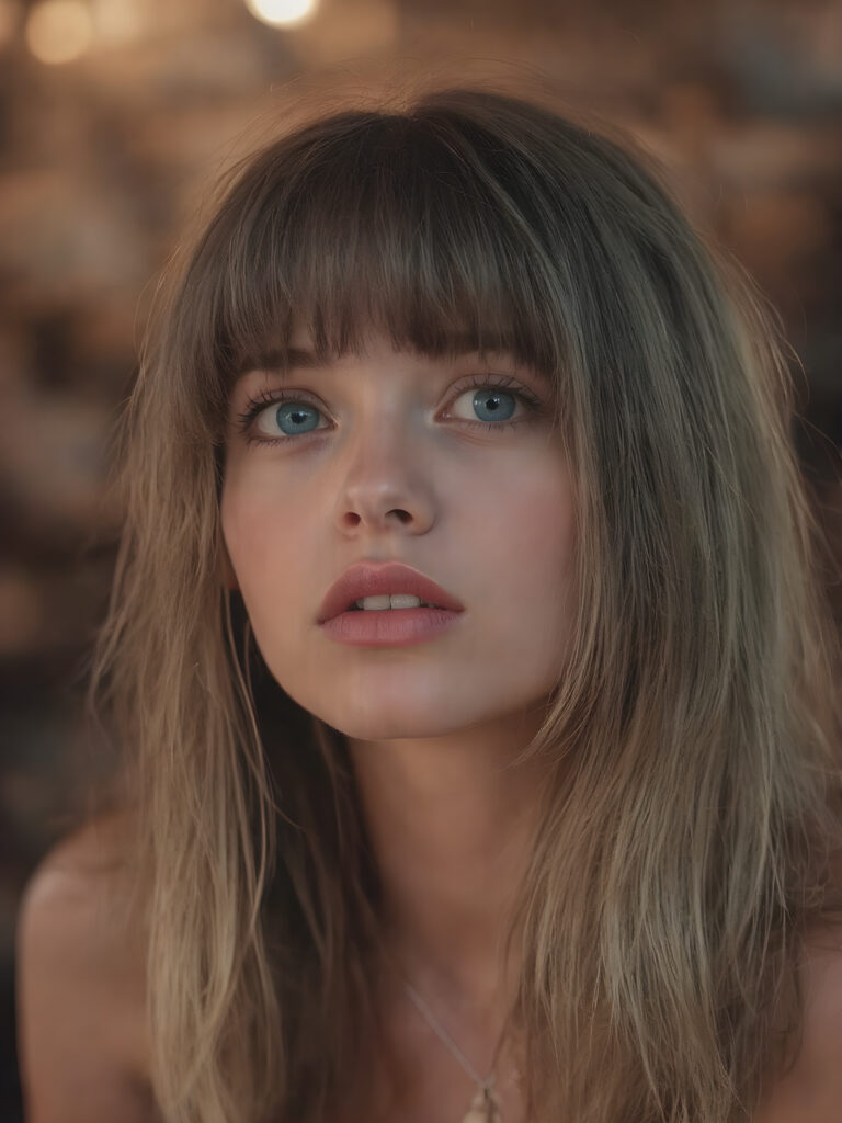 a girl with a beautiful pout, plump lips, long soft brown and blond hair in perfect bangs cut frame her round face, realistic and detailed, she wears a lifted cropped tank top, stunning female body, she waits seductively for a kiss, looks up and she says: kiss me